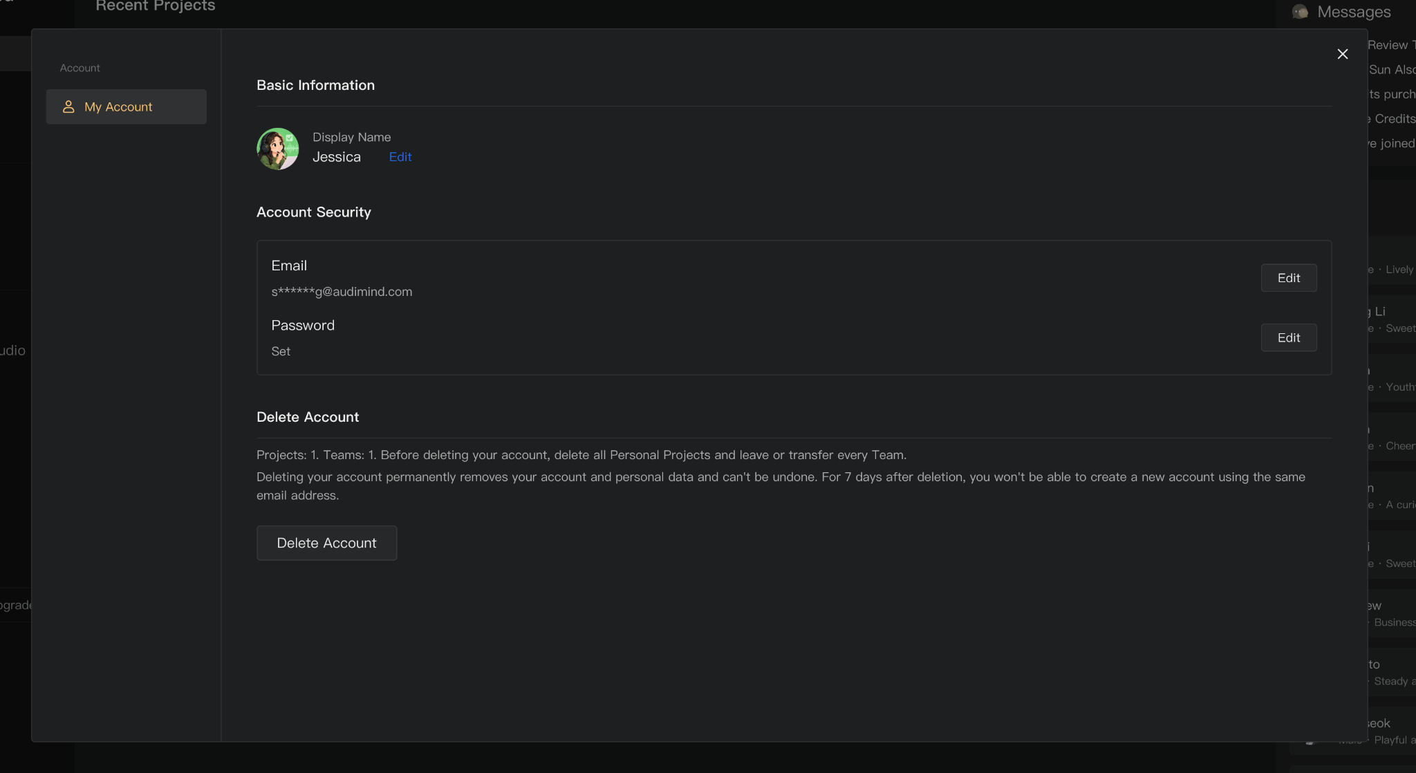 My Account settings